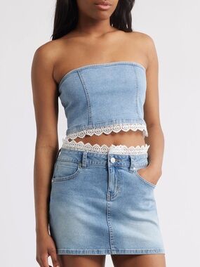 NWT PTCL Misty Lace Trip Strapless Denim Top | Lace Trim Corset Style Top